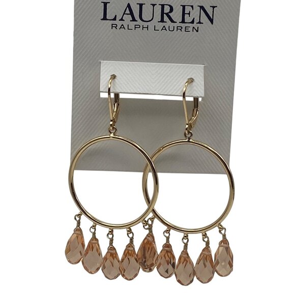 NWT Lauren Ralph Lauren Gold-Tone Hoop Earrings Peach Crystal Beads Drop Dangle - Picture 8 of 9
